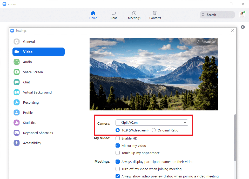 XSplit VCam as a camera source for Zoom